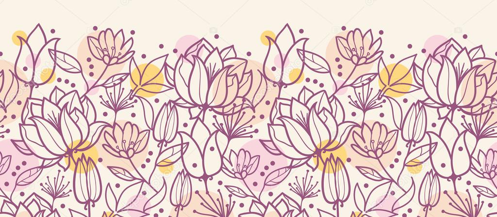 Purple line art flowers horizontal seamless pattern border