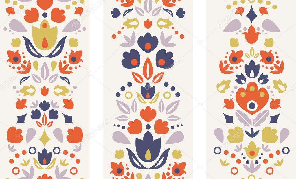 Three ornamental folk tulips vertical seamless patterns