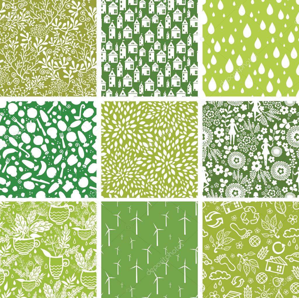 Set of nine ecological seamless patterns backgrounds