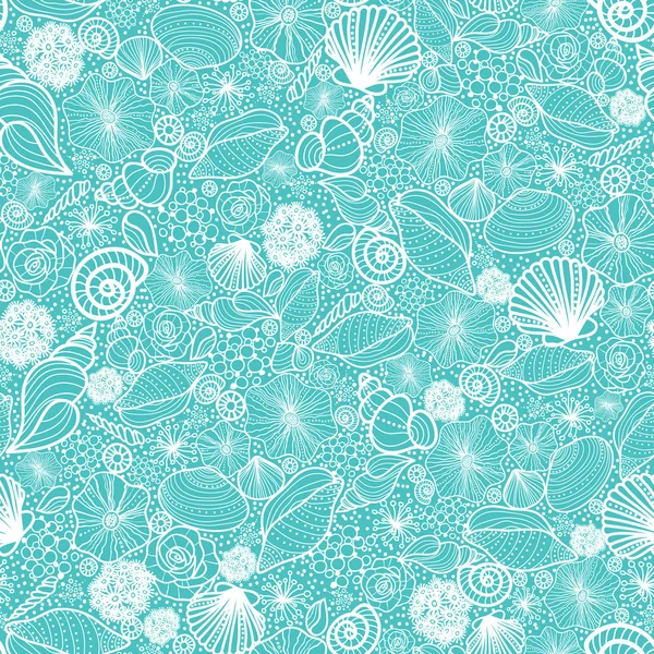 Голубая линия seashells line art seamless pattern background — стоковый вектор