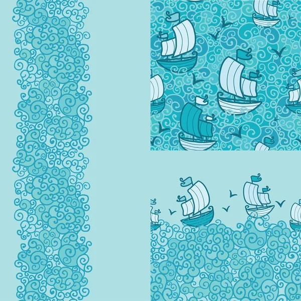 3 海洋シームレスなパターンと枠線の背景のセット — ストックベクタ
