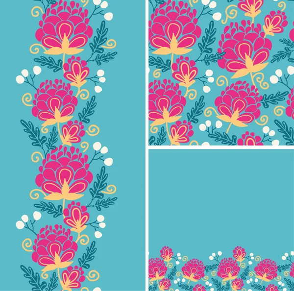 Set of colorful flowers seamless pattern and borders backgrounds — Stock Vector
