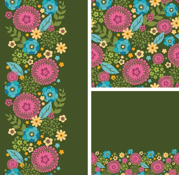 Set of vibrant summer plants seamless pattern and borders — Stock Vector