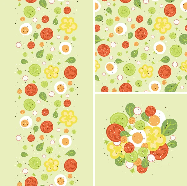 Oeufs et salade ensemble de motifs et de bordures sans couture . — Image vectorielle