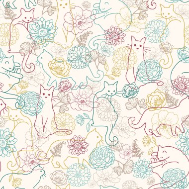 Kediler arasında çiçek Dikişsiz desen arka plan