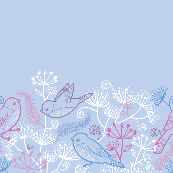 Pastel birds and flowers horizontal seamless pattern border