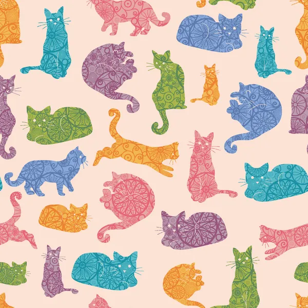 カラフルな猫シルエットのシームレスなパターン背景 — ストックベクタ