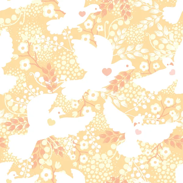 Wedding doves among flowers seamless pattern background — Stock Vector