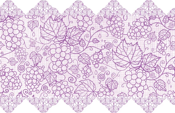 Viñas de uva de encaje púrpura patrón horizontal sin costura borde de fondo — Vector de stock