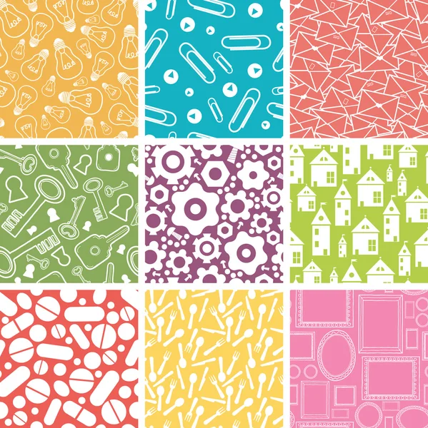 Set of nine household objects seamless patterns backgrounds — Stock Vector