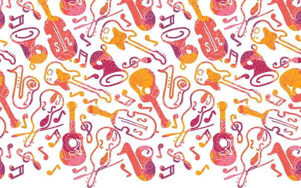 Colorful musical instruments horizontal seamless pattern border — Stock Vector