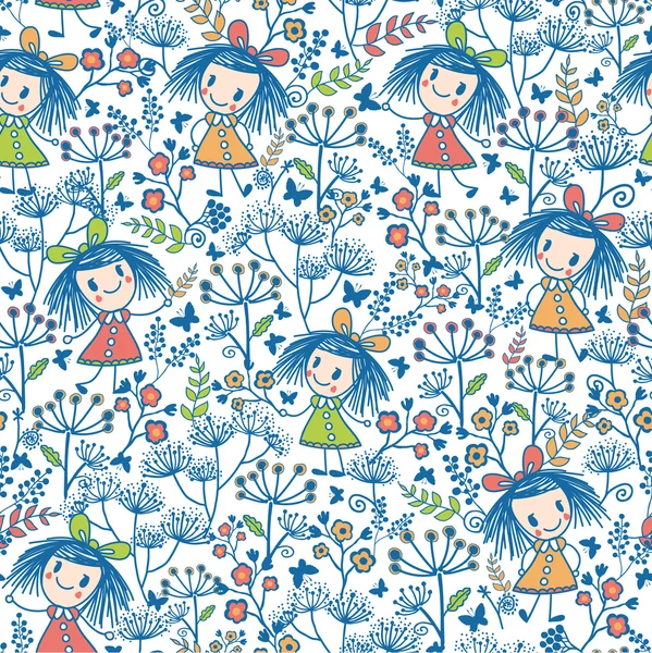 Las niñas en el jardín de flores sin costuras patrón de fondo — Vector de stock