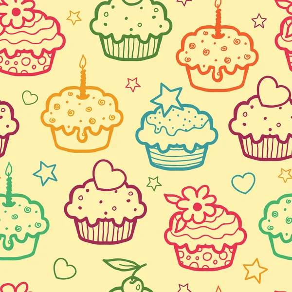 Muffins coloridos sin costuras patrón de fondo — Vector de stock