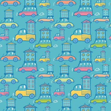 Moving houses on cars seamless pattern background clipart
