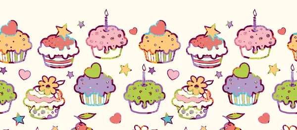 Geburtstag Muffins horizontal nahtlose Muster Hintergrund Rand — Stockvektor