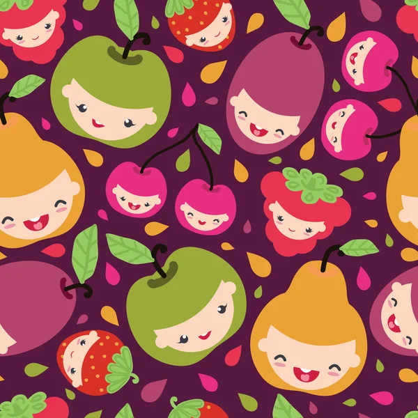 Happy fruit characters seamless pattern — Stock Vector