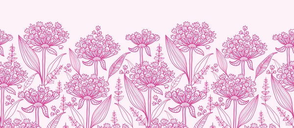 Lirios rosados lineart borde horizontal sin costuras patrón de fondo — Vector de stock