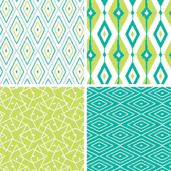 Set of green ikat diamond seamless patterns backgrounds — Stock Vector