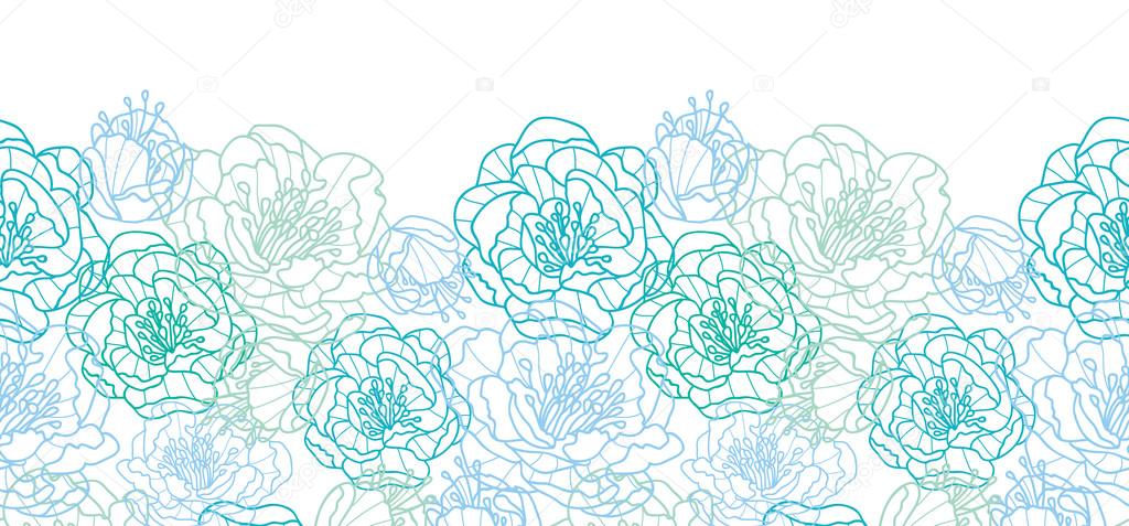 Blue line art flowers horizontal seamless pattern background border