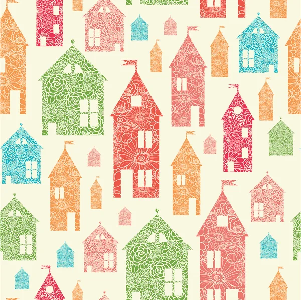 Flores casas de la ciudad sin costuras patrón de fondo — Vector de stock