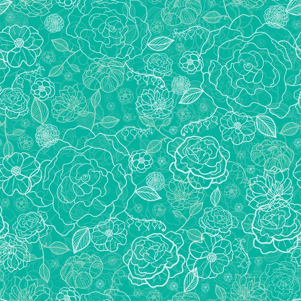 エメラルド グリーンの花ラインアートのシームレスなパターン背景 — ストックベクタ