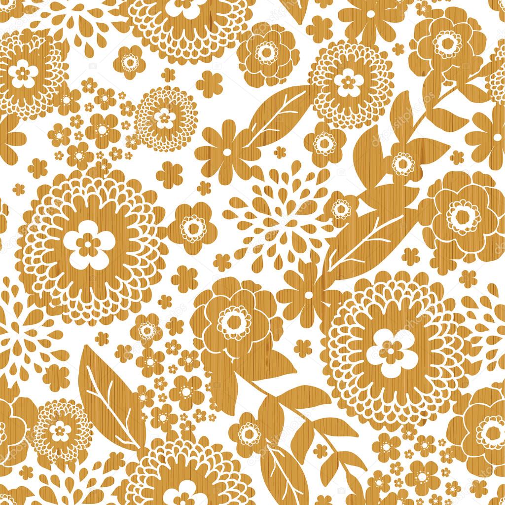 Textured wooden flowers seamless pattern background border