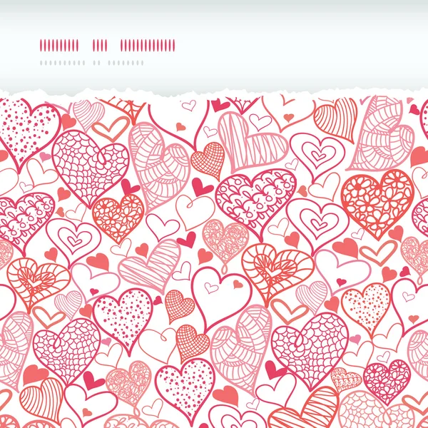 Romantique doodle coeurs horizontal déchiré fond de motif sans couture — Image vectorielle