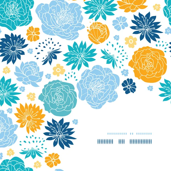 Kék és sárga virág sziluettek sarok dekorációval mintás háttérrel — Stock Vector
