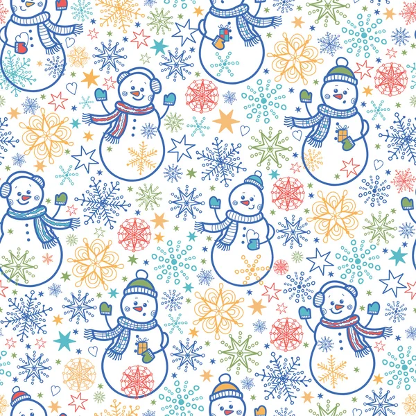 かわいい雪だるまのシームレスなパターン背景 — ストックベクタ
