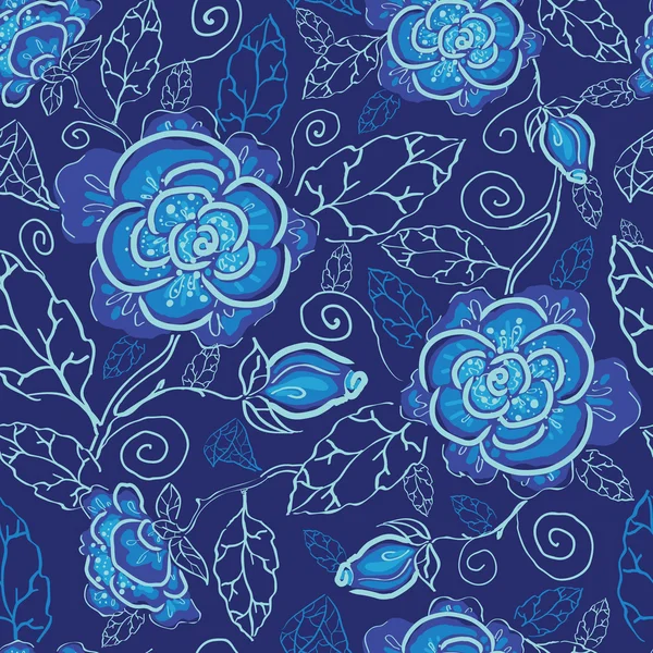 青い夜の花のシームレスなパターン背景 — ストックベクタ