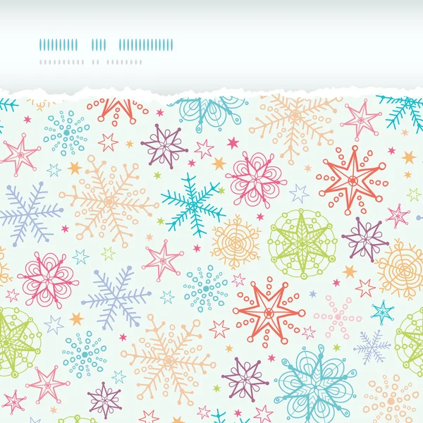 Colorido Doodle copos de nieve Horizontal Torn Frame Seamless Pattern fondo — Vector de stock
