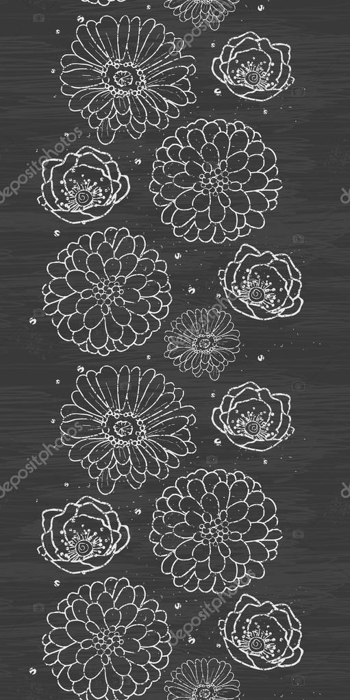 Chalk flowers blackboard vertical border seamless pattern background