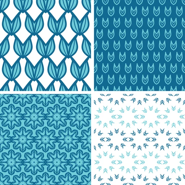4 つの抽象的な青いチューリップ図形シームレス パターン セット — ストックベクタ