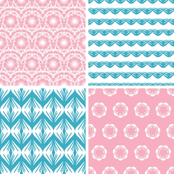 Four abstract pink blue folk motives seamless patterns set — Stock Vector