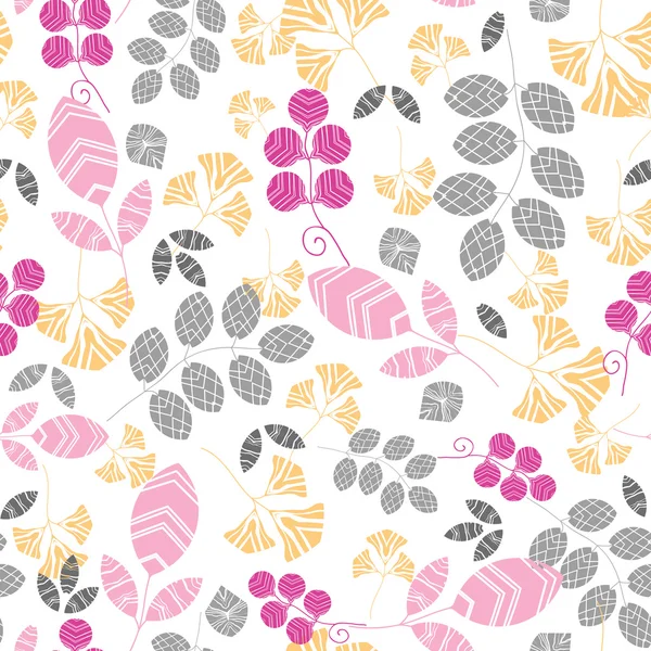 Abstracte roze, geel en grijs verlaat naadloze patroon achtergrond — Stockvector