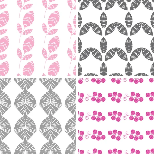 Four abstract pink gray textured leaves seamless pattern background set — Stock Vector