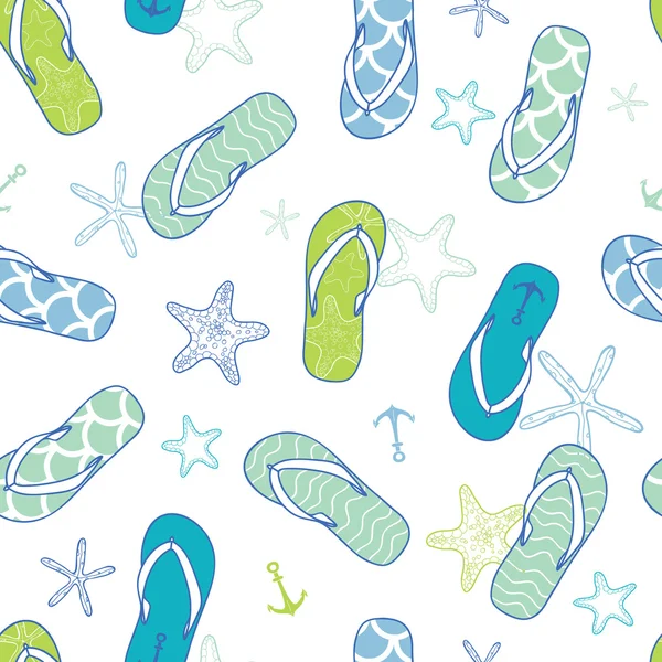 Nautical flip flops blue and green seamless pattern background — Stock Vector