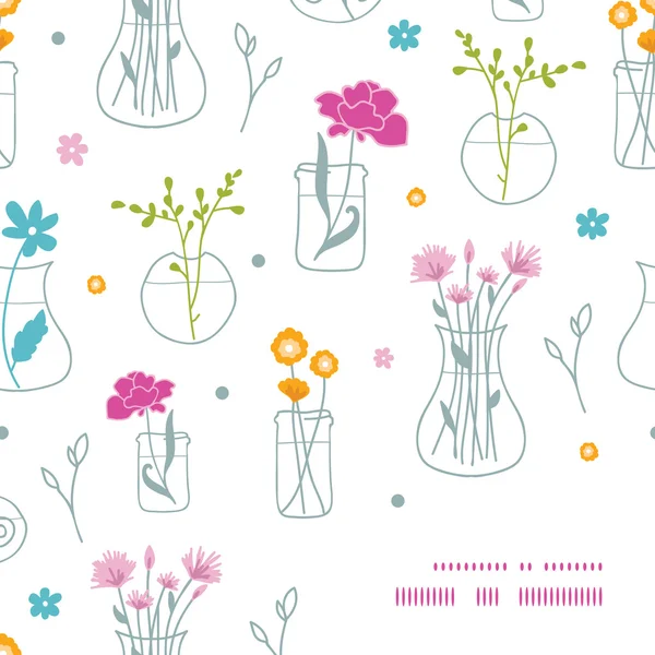 Verse bloemen in vazen frame hoek patroon achtergrond — Stockvector