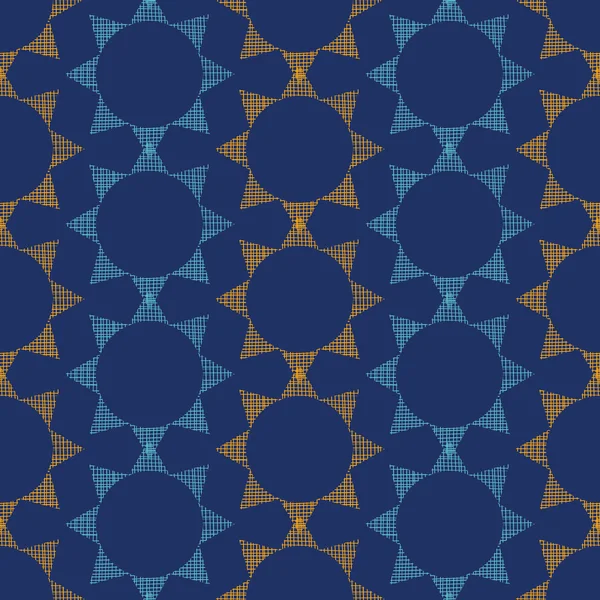 Abstracte textiel sterren op donker geometrische naadloze patroon achtergrond — Stockvector