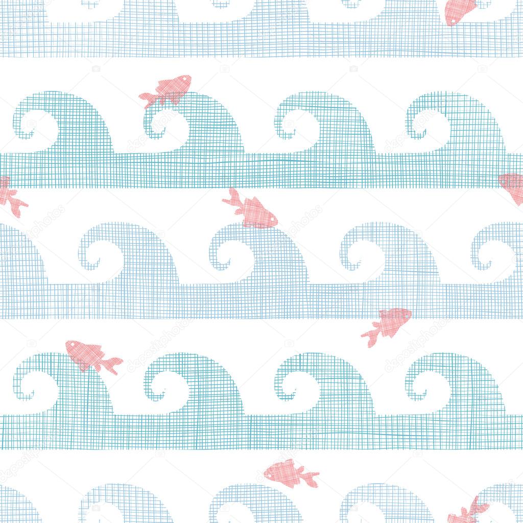 Abstract textile fish among waves seamless pattern background