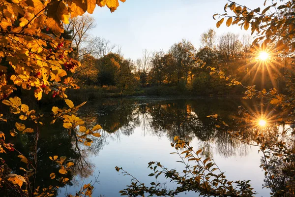 Gün batımında sonbahar renklerinde bir gölün panoramik görüntüsü