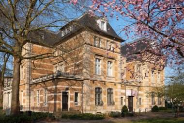 BERGISCH GLADBACH, GERMANY - 21 Mart 2022: Baharda çiçek açan kiraz ağacıyla Villa Zanders, 21 Mart 2022 'de Kuzey Ren Vestfalya, Almanya' da Bergisch Gladbach 'ın tarihi