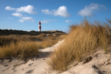 Panoramic image of List East lighthouse against blue sky, Sylt, North Frisia, Germany  clipart