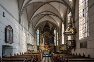 BEYENBURG, GERMANY - FEBRUARY 9, 2021: View throught the main aisle of the monastery church of Beyenburg on February 9, 2021 in Bergisches Land, Germany