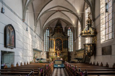 BEYENBURG, GERMANY - FEBRUARY 9, 2021: View throught the main aisle of the monastery church of Beyenburg on February 9, 2021 in Bergisches Land, Germany