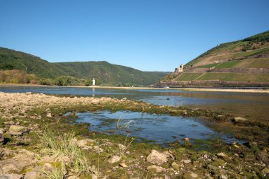 BINGEN, GERMANY - AUGUST 13, 2022: Drought in Germany, low water on Rhine river on August 13, 2022 in Bingen, Germany