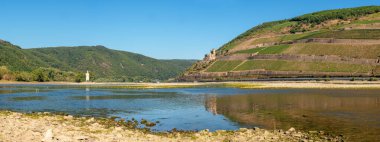 BINGEN, GERMANY - AUGUST 13, 2022: Drought in Germany, low water on Rhine river on August 13, 2022 in Bingen, Germany