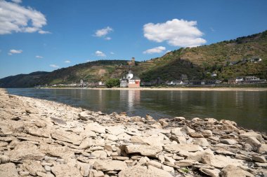 KAUB, GERMANY - AUGUST 13, 2022: Drought in Germany, low water on Rhine river on August 13, 2022 in Kaub, Germany