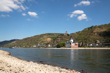 KAUB, GERMANY - AUGUST 13, 2022: Drought in Germany, low water on Rhine river on August 13, 2022 in Kaub, Germany