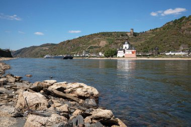 KAUB, GERMANY - AUGUST 13, 2022: Drought in Germany, low water on Rhine river on August 13, 2022 in Kaub, Germany